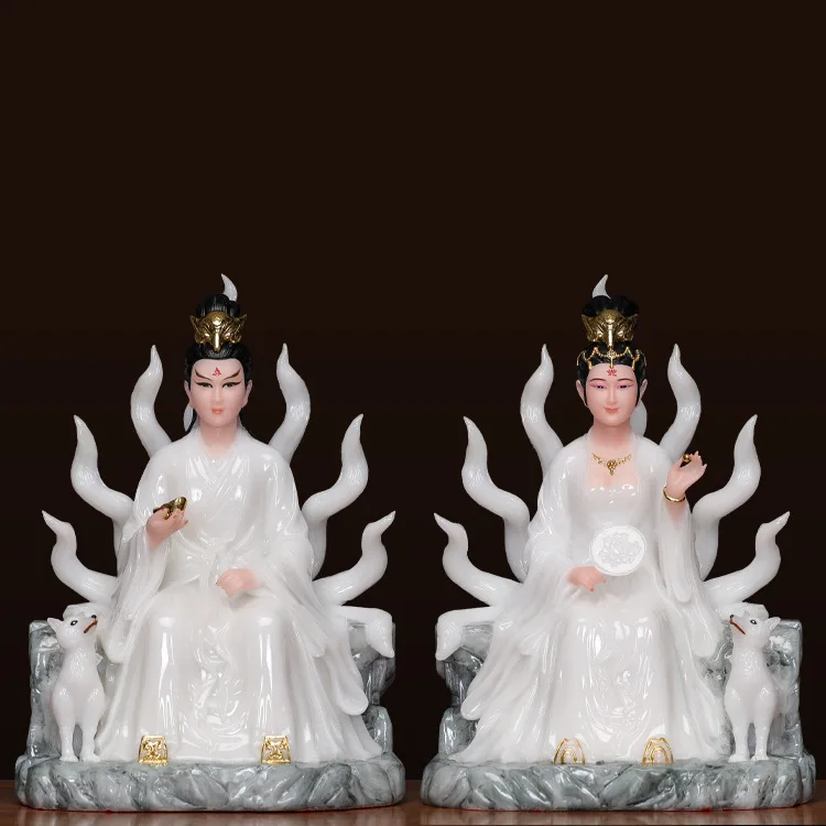 

Nine-tailed Goddess, Male Female Fox, Red Nine-tailed Fox Fairy, Buddha White Marble Statue Resin Taoism Figurine Home Decor