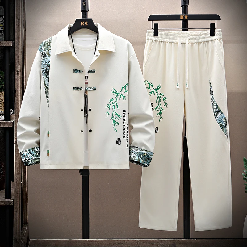 

Spring and Autumn Style Trend Print Long Sleeve Shirt Linen Set Men's Casual Loose Comfortable Breathable Sports Two-piece Suit