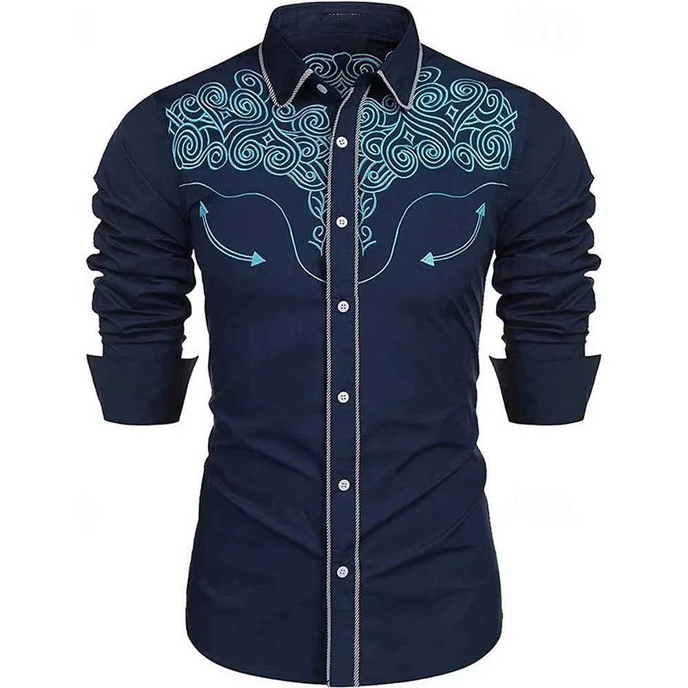 New Retro Men's Lapel Shirt Men's Exquisite Ethnic Print Slim Shirt New Fall Fashion Office Long-sleeved Blouse Elegant Shirt