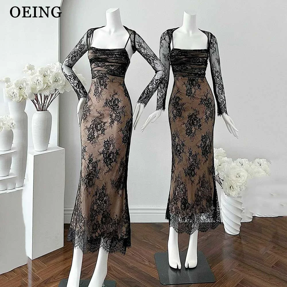 

OEING Sexy Black Mermaid Lace Prom Dresses Charming Square Collar Long Sleeves Corset Back Party Gowns 2pies Gala Event Dress