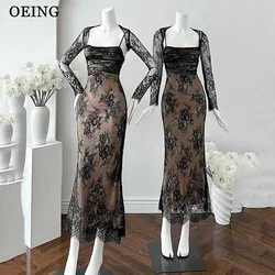 OEING Sexy Black Mermaid Lace Prom Dresses Charming Square Collar Long Sleeves Corset Back Party Gowns 2pies Gala Event Dress