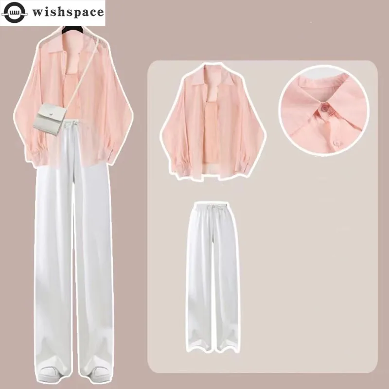 

Korean Pink Chiffon Shirt Strap Tank Top Wide Leg Pants Three Piece Elegant Women's Pants Set Casual Outfits Summer 2023