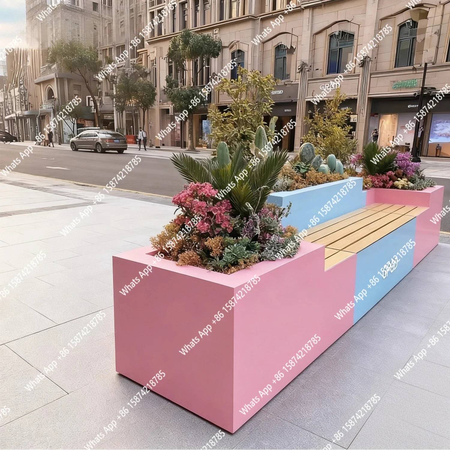 

A63 Outdoor flower box seat combination commercial street square municipal landscape wrought iron flower slot seat