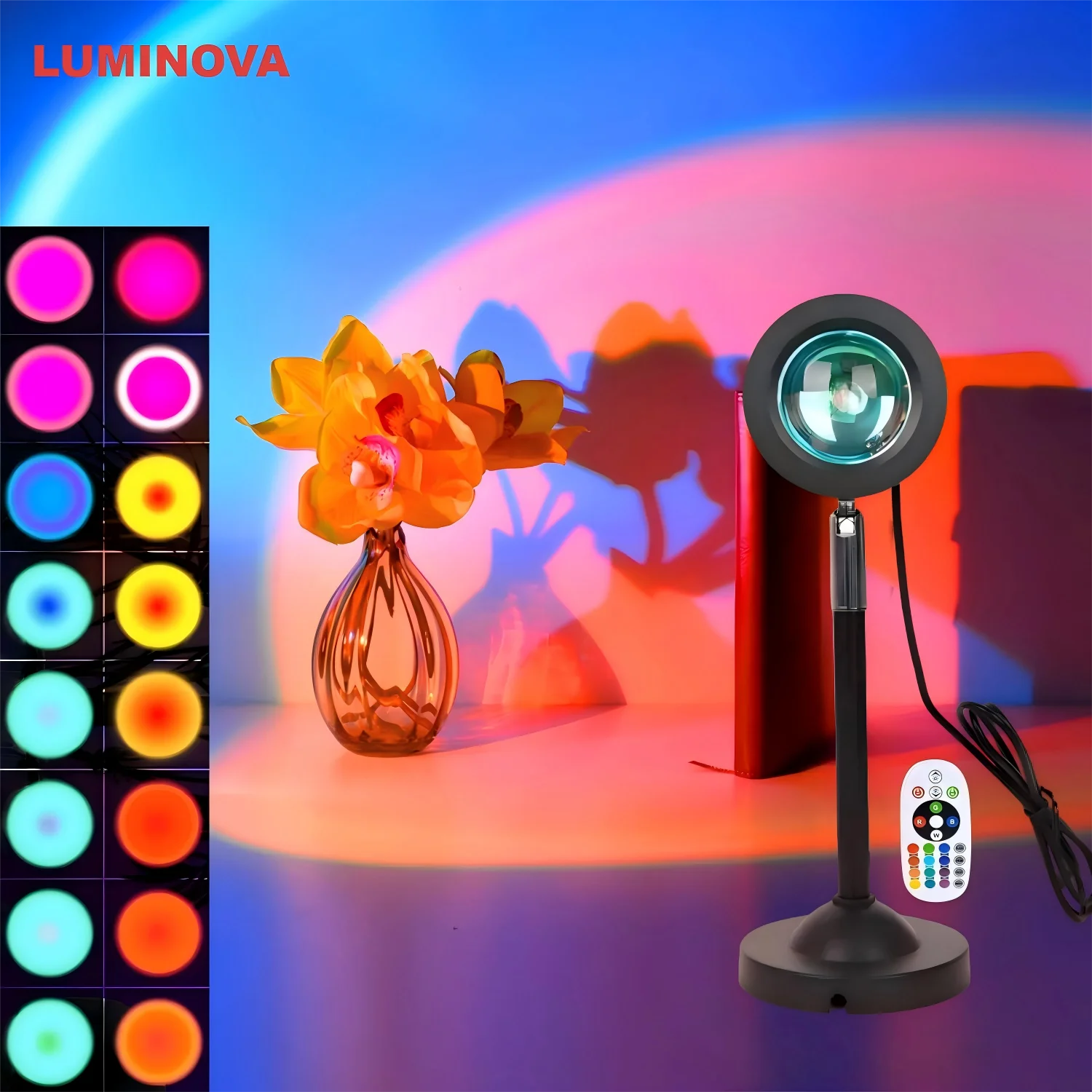 أضواء LED لإسقاط مصباح غروب الشمس مع ضوء ليلي متعدد الألوان عن بعد 360 درجة °   دوران قوس قزح مصباح 4 طرق الإعداد للتصوير الفوتوغرافي