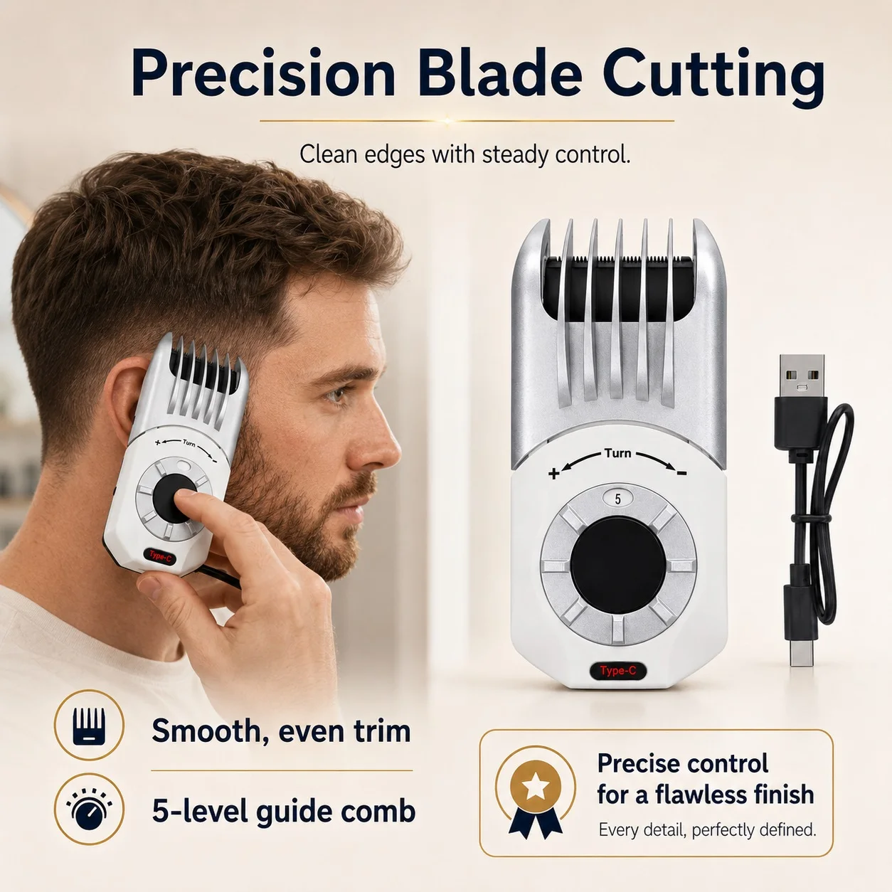 All-In-One Hair Clipper with No Need to Change Blades, 5-Level Rotating Fine-Tuning for Trimming Length, Integrated Guide Comb, Type-C Fast Charging for Long-Lasting Battery Life, Comes with USB Charging Cable, Led Power Display, Smooth and Sharp Blade That Doesn'T Pull Hair, Low Noise and Vibration, for Home Self-Haircut, Suitable for Elderly and Children, for Trimming Beards and Sideburns for Men, Portable Cordless Hair Clipper Tool.