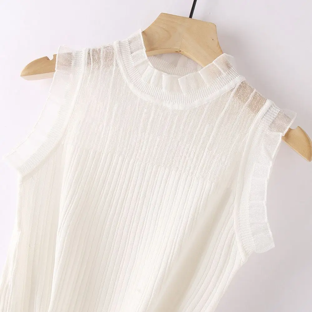 Knitted Vest for Women Hollowed Out Mesh Summer Lace Wooden Ear Edge Ice Silk Sleeveless Top Korean Fashion Clothing