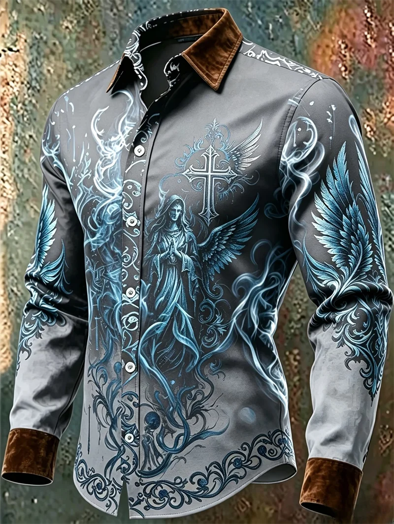 

New ice blue satin feather print men's long sleeved shirt, light luxury business casual slim fit shirt clothing