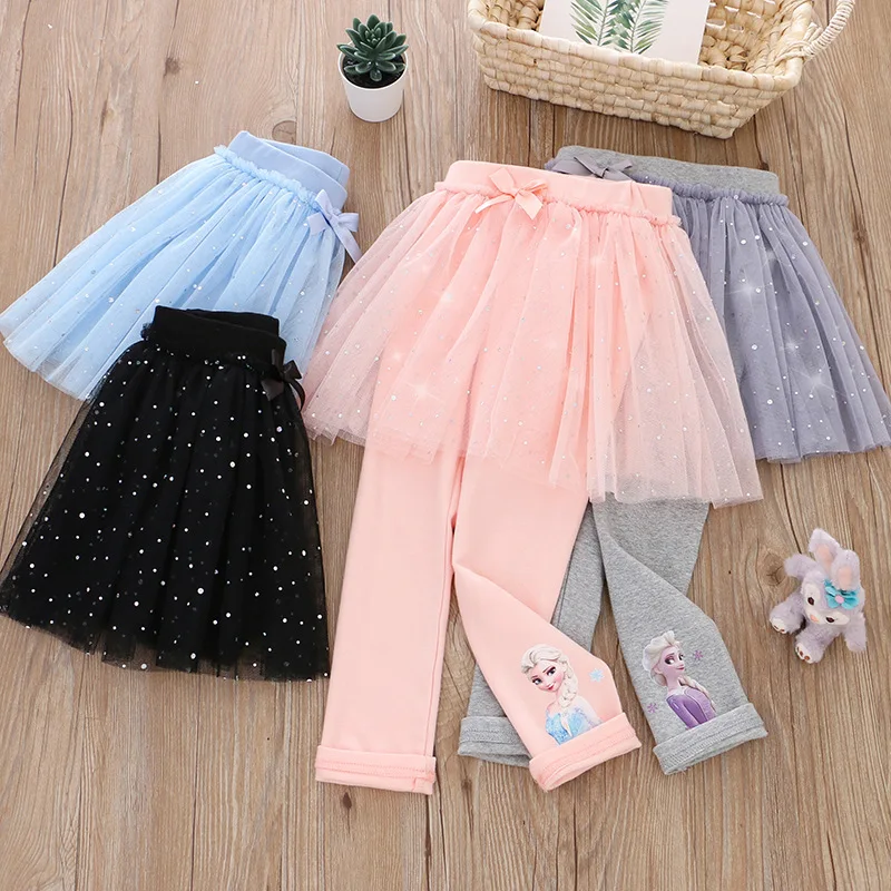 100%Cotton Girls Skirt Pants for Children Disney Frozen Elsa Princess Skirts Baby Girl Pink Blue Trouser Lace Kids Leggings 2024