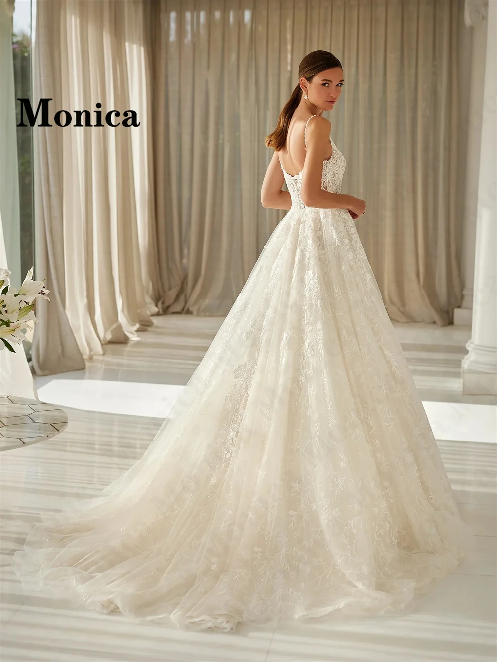 MONICA Charming A-Line Wedding Gown for Bride Tulle Lace Appliques Spaghetti Straps Court Train Vestidos De Novia Customised