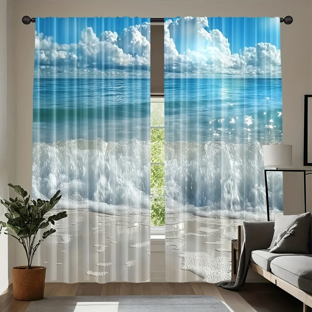 Seascape Beach Print Curtains Blue Ocean Wave Window Drapery Tropical Coastal Style Light Filtering Curtain Panel Waterproof She