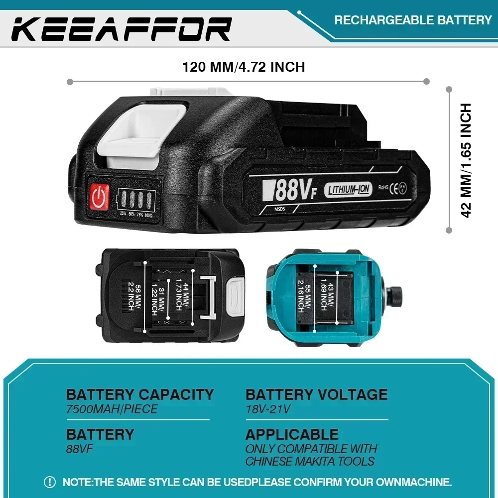 KEEAFFOR 18V 88VF Rechargeable Battery 7500mAh Lithium Ion Battery For Makita Electric Wrench Power Tools Battery EU US Plug