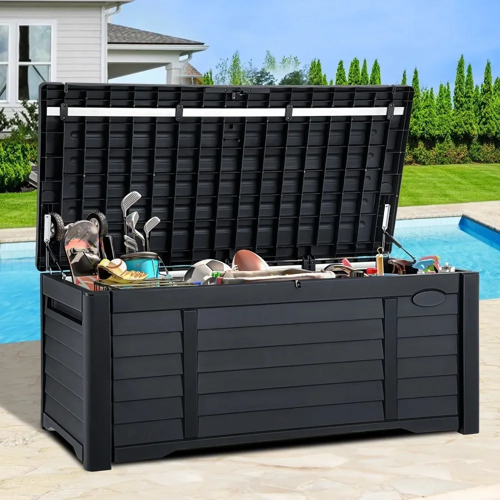 120 Gallon Large Outdoor Patio Deck Box,Louvered Resin Outdoor Storage Boxes,Waterproof&Lockable