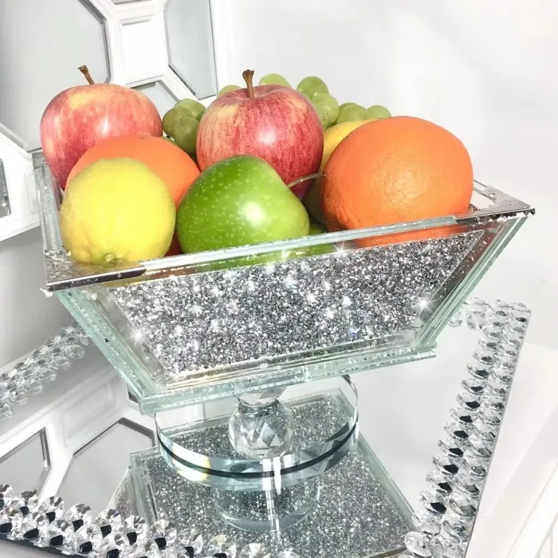 Shiny Crushed Diamond Crystal Filled Shiny Fruit Bowl Kitchen Silver Edge Storage Metal Frame Square Wedding Mirror Tray