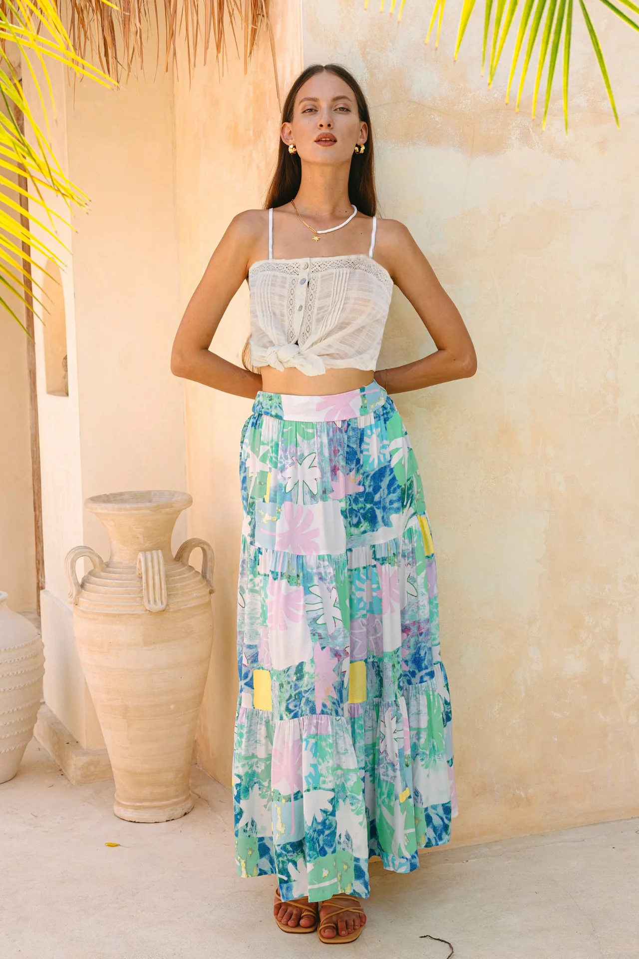 2025 Spring/Summer New Street Geometry Plant Print Retro Half Skirt Women's Elegant Lower Half Colored Printed Long Skirts