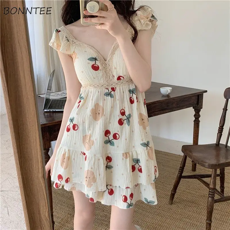 

Женские летние пижамные комплекты без рукавов с вишнёвым принтом, милые домашние костюмы для студенток, эстетичная дышащая одежда для сна в стиле Ulzzang для общежития