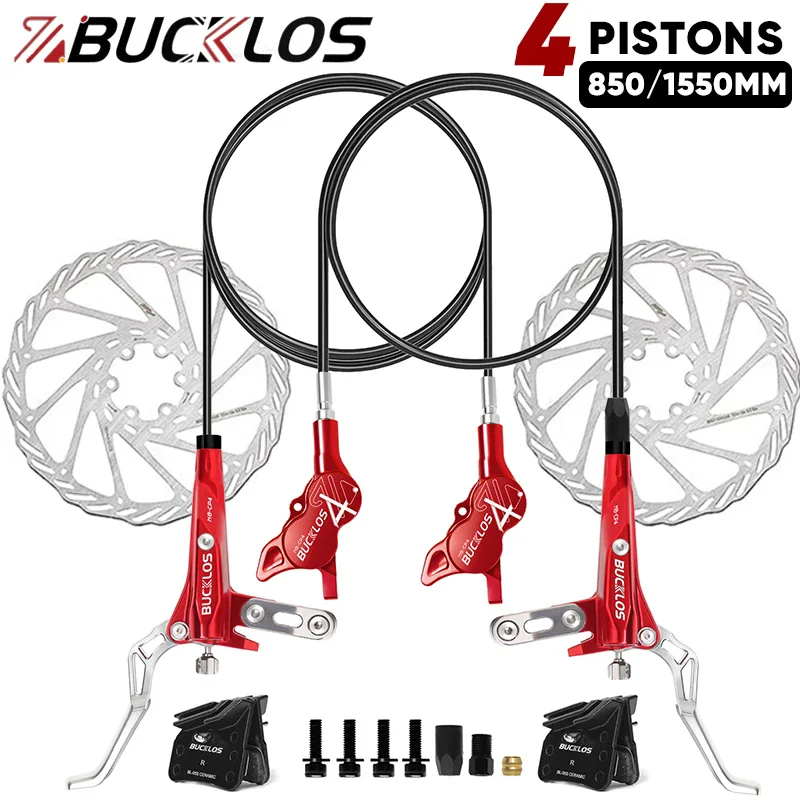 

BUCKLOS MTB 4 Piston Hydraulic Disc Brake 850/1550mm Road Ebike Bicycle Hydraulic Brakes with Cooling Pad Mountain Brake Set