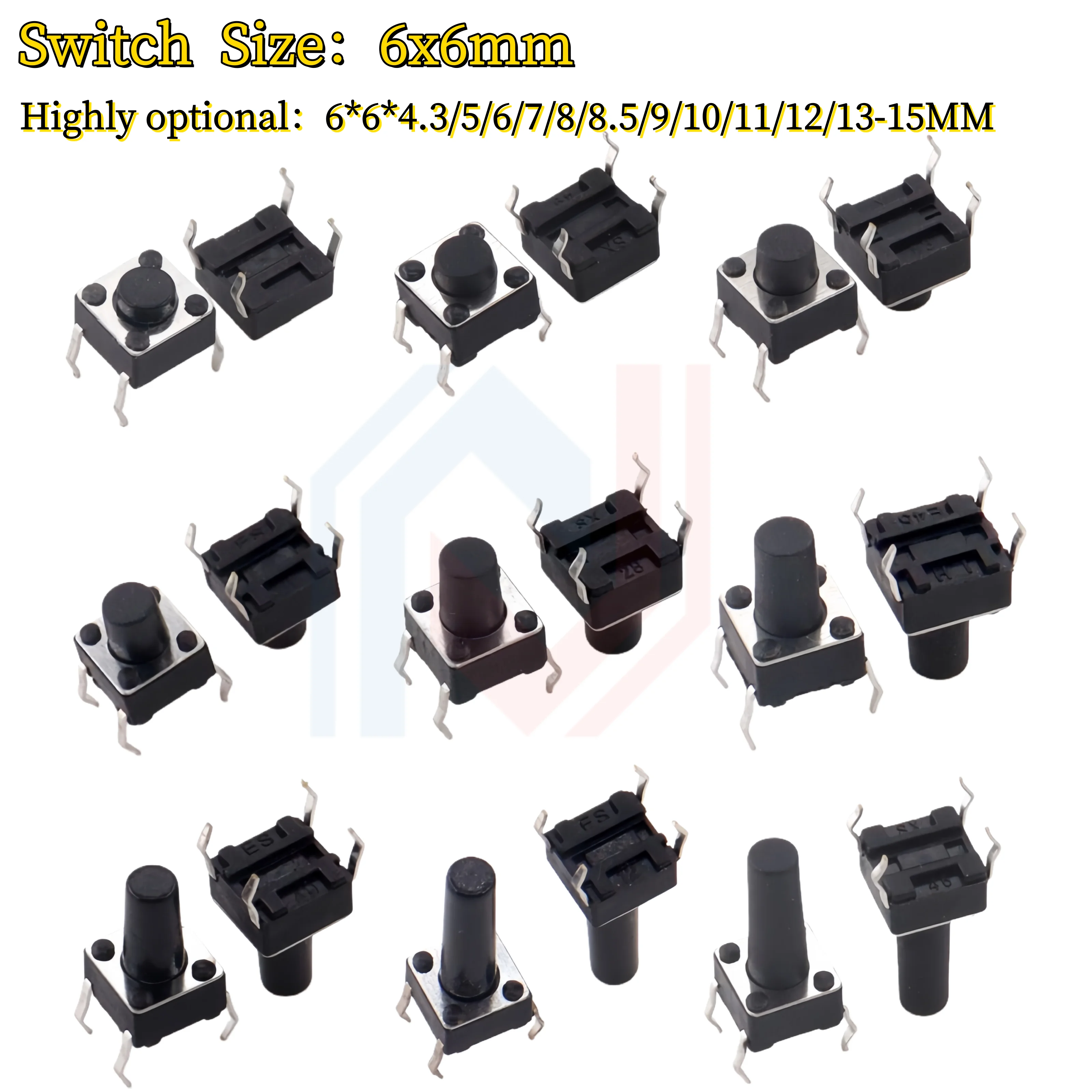 6*6mm PCB Momentary Tactile Mini Push Button Switch Panel DIP 4Pin Micro Switch Various Heights 6x6x4.3 to /5/6/7/8/8.5/9/15mm