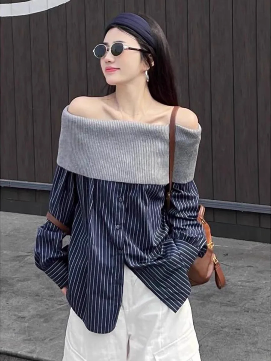 Superbe rayé irt une épaule Design belle début d'automne Aosphère sentiment vêtements grande taille femmes Faion