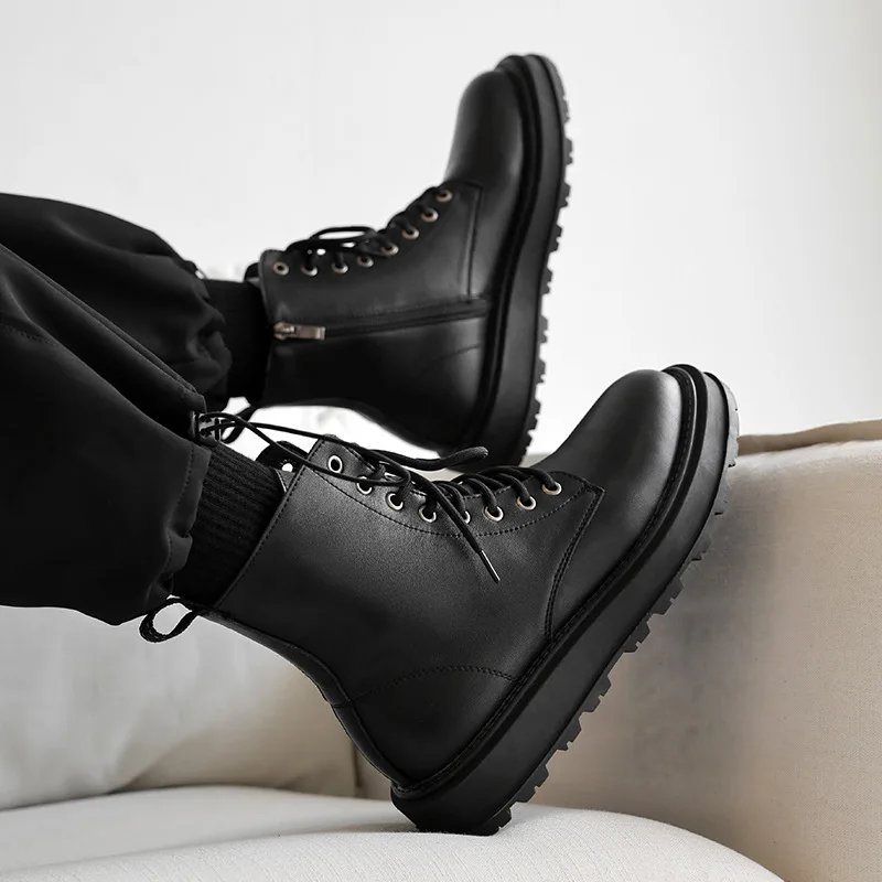 

British short boots men's leather zipper motorcycle workwear boots thick soled high top leather shoes short boots trendy