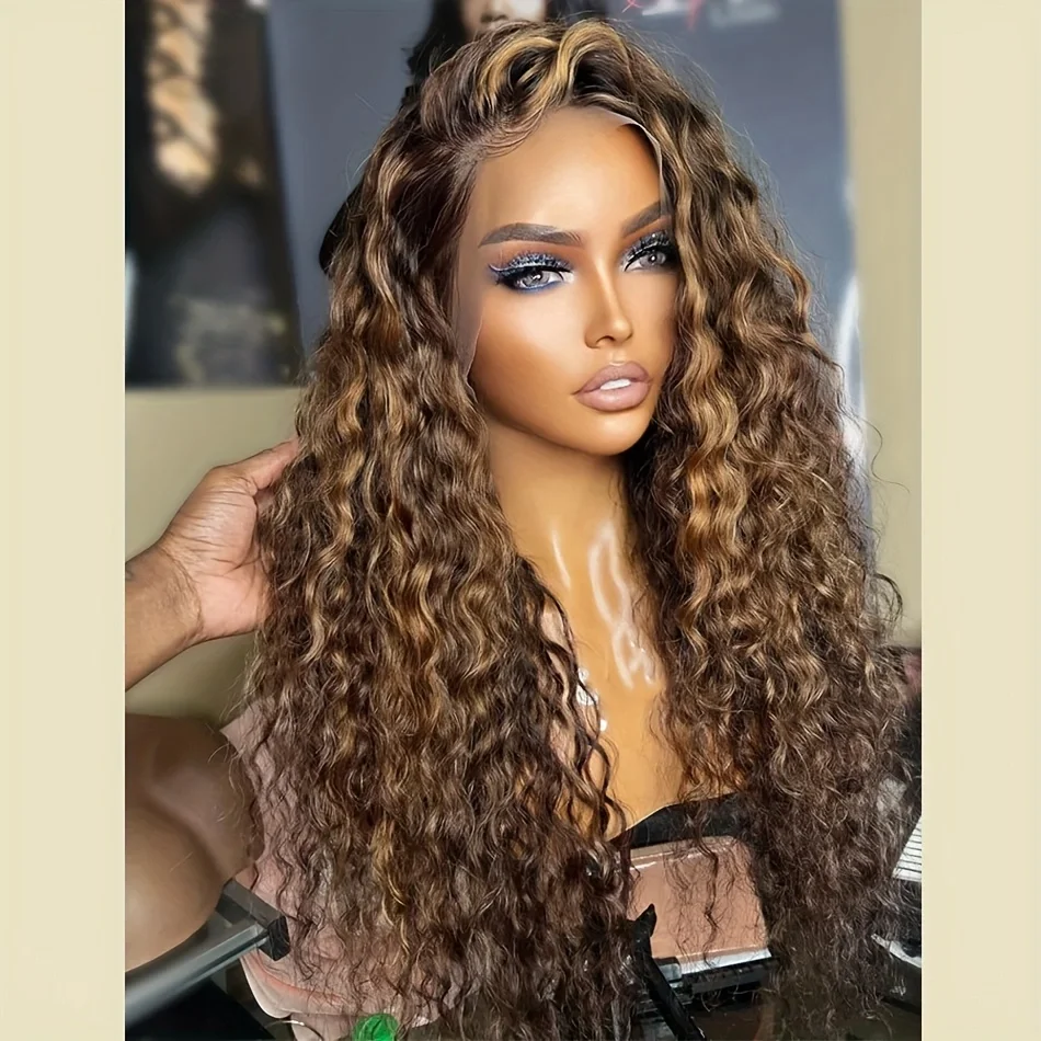 26Inch 180Density Soft Preplucked  Highlight Brown kinky Curly Lace Front Wig Synthetic Baby Hair Glueless Daily Wear Wig