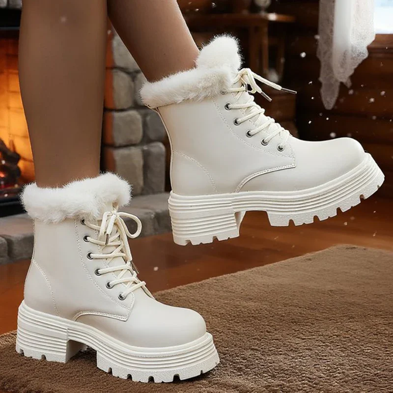 Botas de invierno de talla grande 42 con plataforma gruesa para Mujer, botines de felpa gruesos y cálidos con cordones para Mujer, Botas de piel de suela gruesa para Mujer