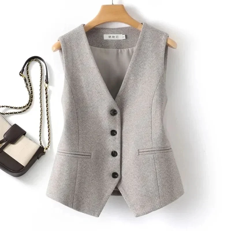 Blazer feminino sem mangas com decote em v, colete fino e solto, colete de peito único, colete curto feminino com botões, verão