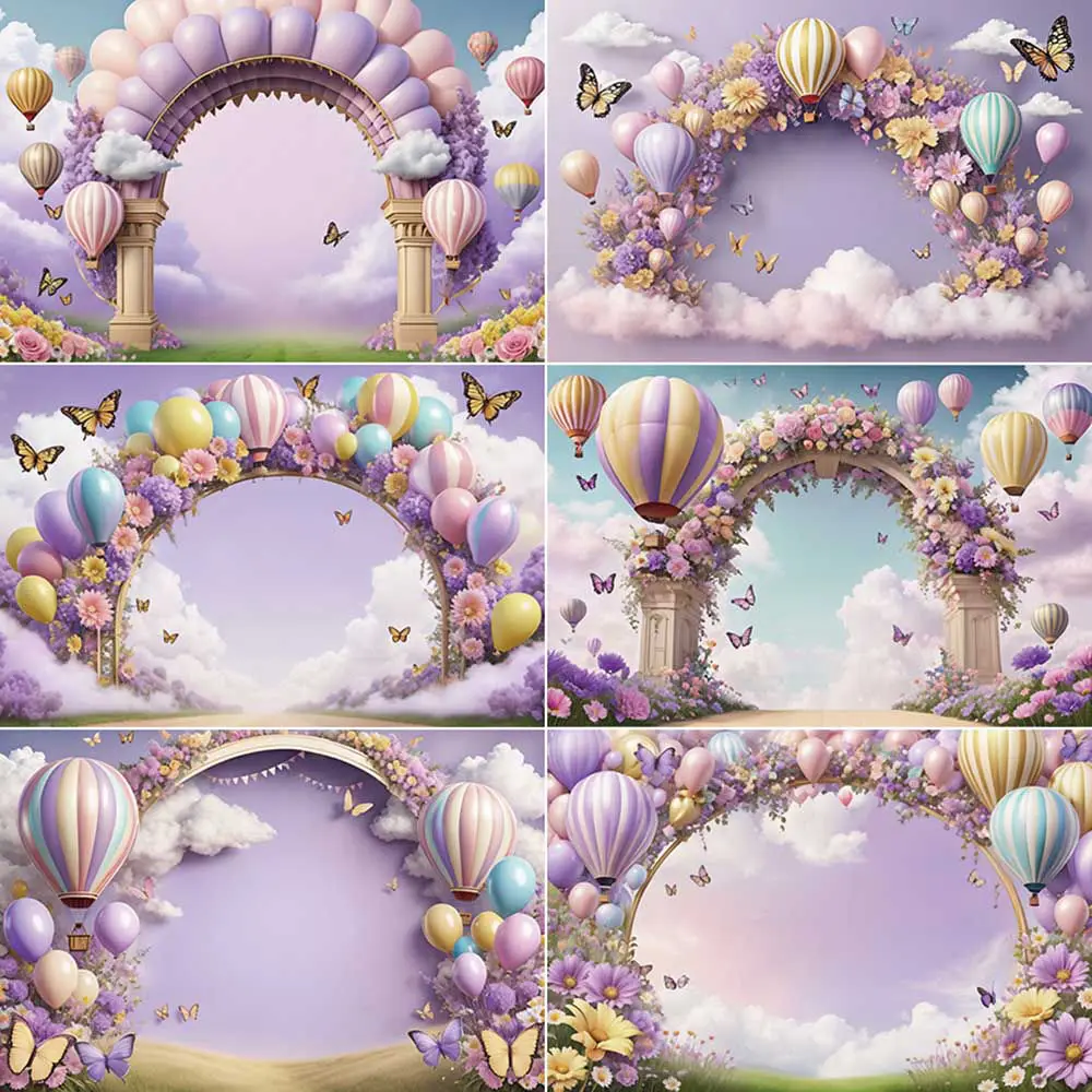 

MOON.QG Arch Purple Backdrop Photography Hot Air Balloon Birthday Photo Studio Background Floral Flower Back Drop Accessories