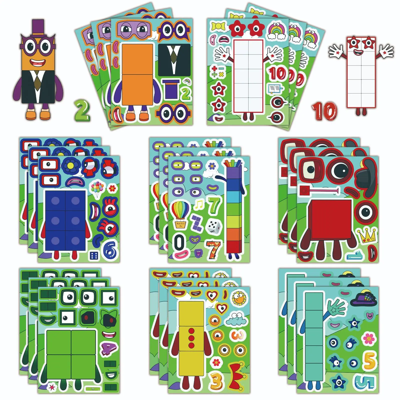 8 Sheets Cute Digital Blocks Puzzle Stickers for Cartoon Make a Face Laptop Notebook Stationery Stickers