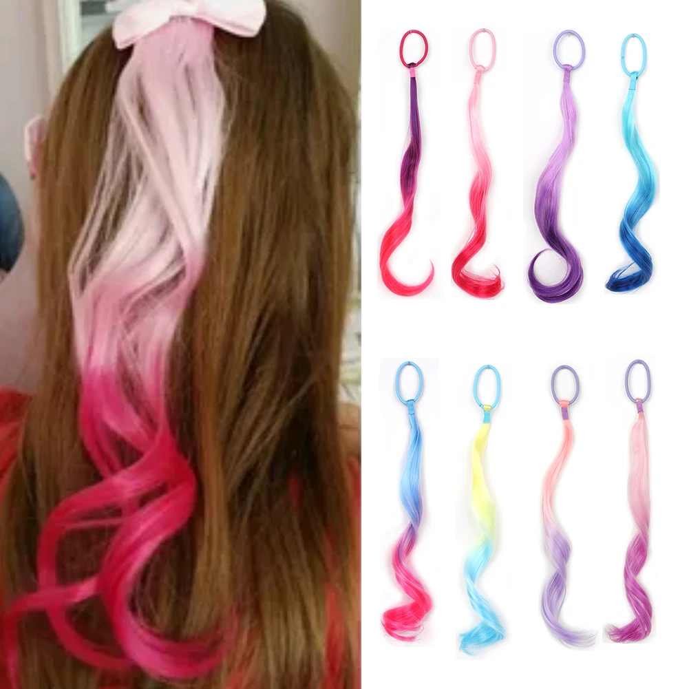 

Colored Synthetic Hair Extensions with Rubber Bands Curly ponytail Hairpiece Rainbow Ponytail Hair Accessories for Girls Kids