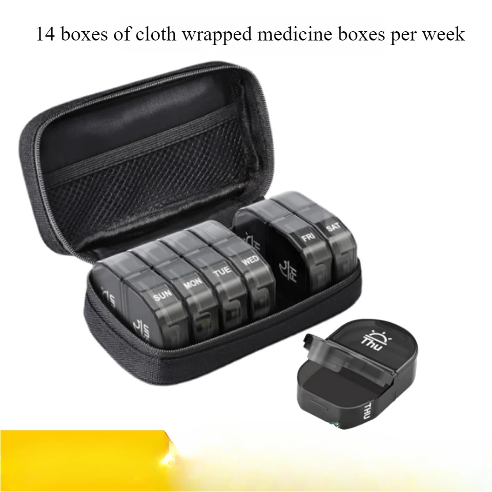 Zipper canvas bag, travel pill storage box, large AMPM, 14 compartment leather bag, medicine box, 7 days a week