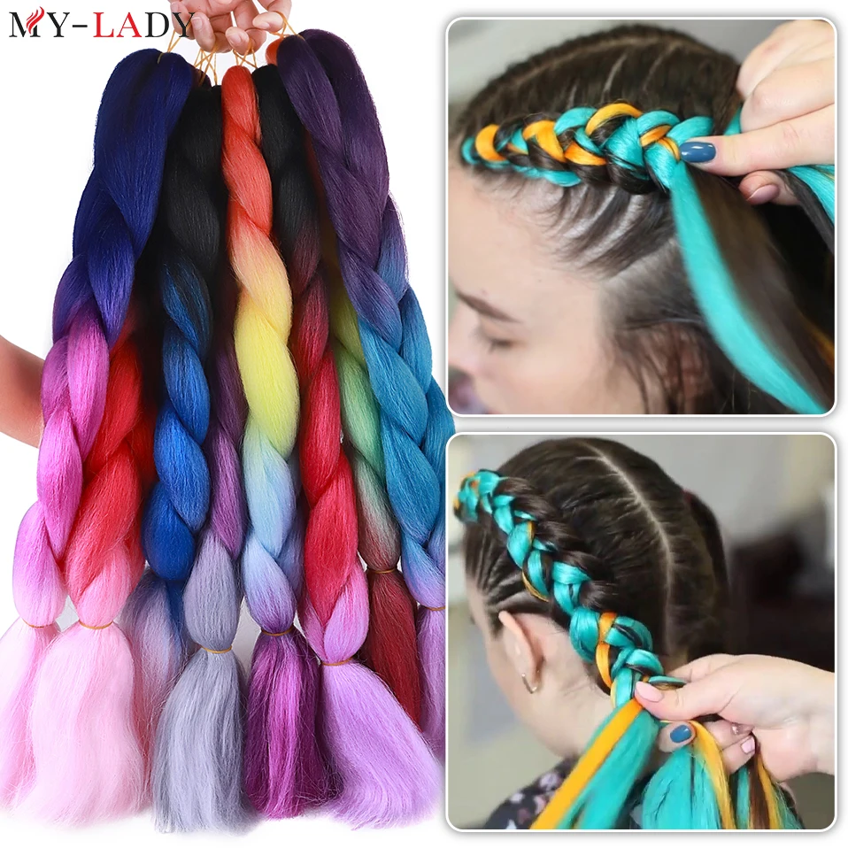 My-Lady 24inch Synthetic Single Double Ponytail Jumbo Braids Rainbow Ombre Color Crochet Braiding Hair Wholesale Hair Extensions