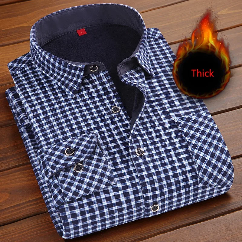 Autumn/Winter New Men\'s Fashion Long Sleeve Plaid Shirt Fleece and Thick Warm Men\'s Casual High Quality Large Size Shirt NS4574