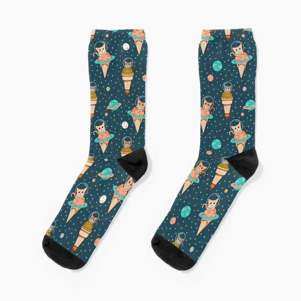 Cats Floating on Ice Cream in Space Socks crazy valentine gift ideas fashionable Girl'S Socks Men's