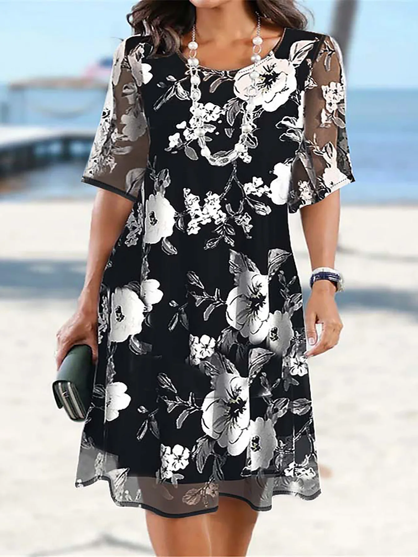 Plus Size Women Chiffon Dress Set Floral Print Round Neck Fashion Modern Outdoor Daily Half Sleeve Spring Summer Two Piece Set