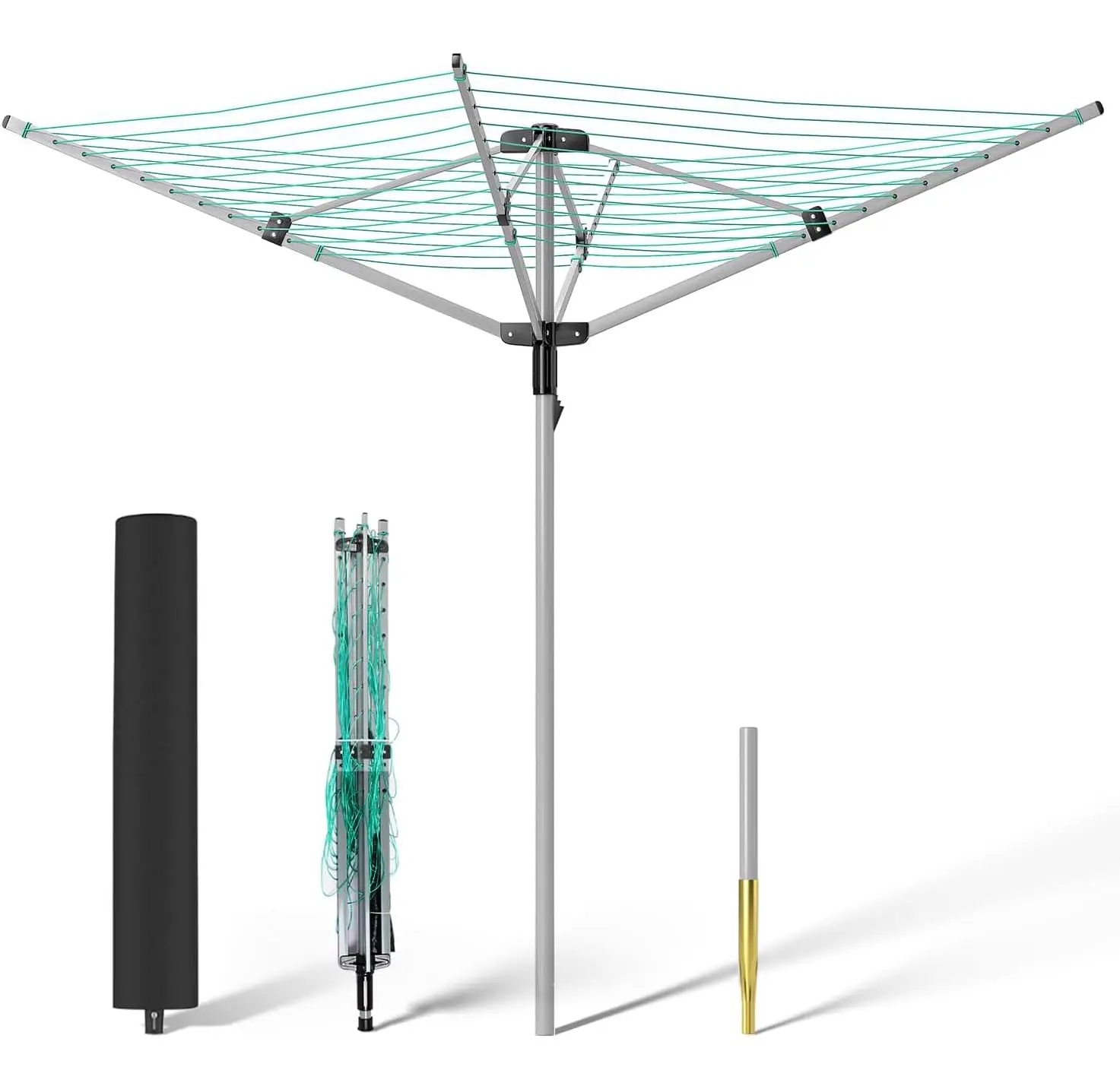 Rotary Umbrella Drying Rack Adjustable Height 4 Arm Clothesline Outdoor Laundry Dryer 12 Lines