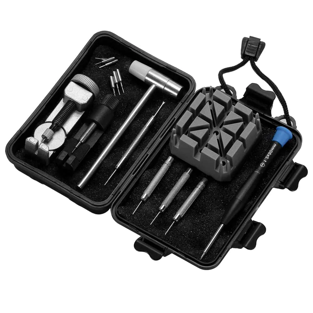 Das professionelle Uhrenreparatur-Werkzeugset enthält einen Verbindungsstiftentferner für Uhrenarmbänder aus Metall, einen Federstab, einen festen Sitz und einen Stanzstift