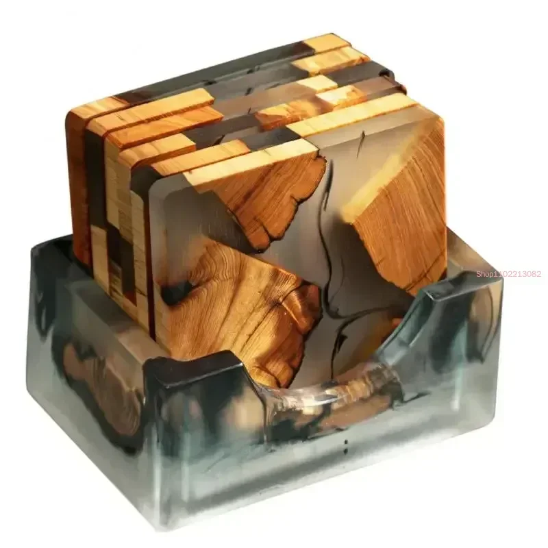 6 Pcs Wooden Tea Coaster Japanese Style Cup Holder Resin Insulation Pad Storage Box Gasket Tea Ceremony Creative  Pad
