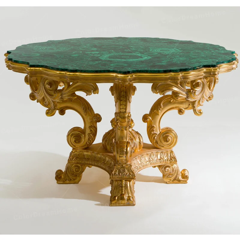 Round Natural Green Marble Top Side Tables Well-crafted Rococo Style End Table for Living Room Wooden End Tables