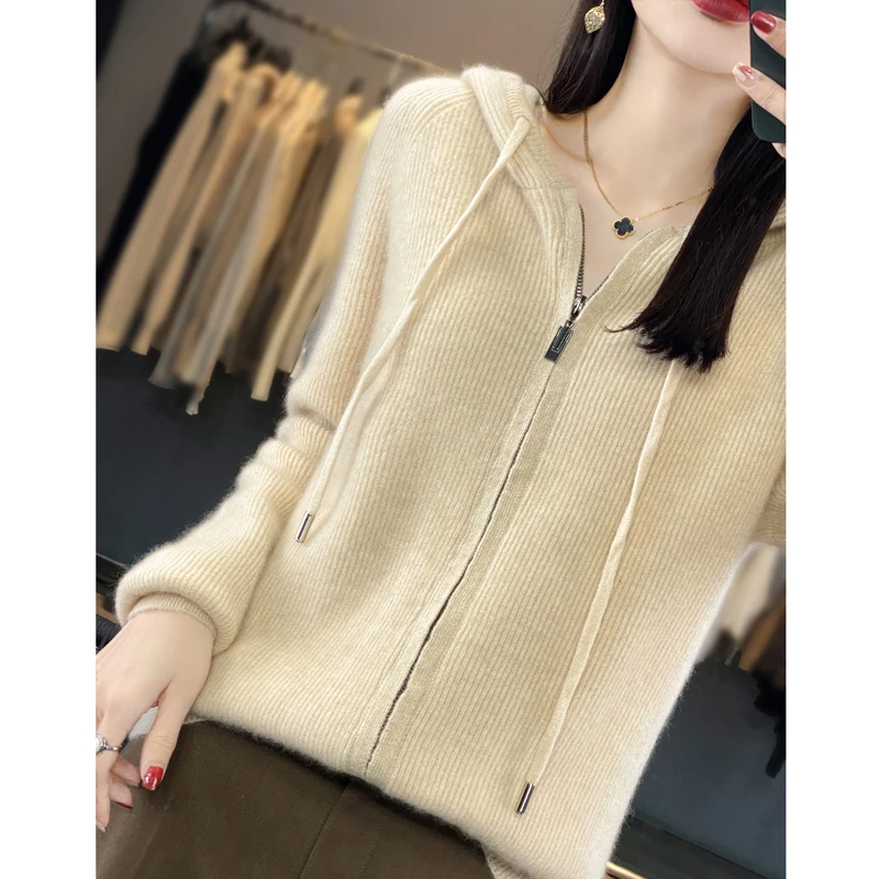 Long Sleeve Knitwear Women Merino cashmere Wool  Zippered Sweater  Pullover  Fashion Basic  Elastic And Warm Elegant Jumper Tops