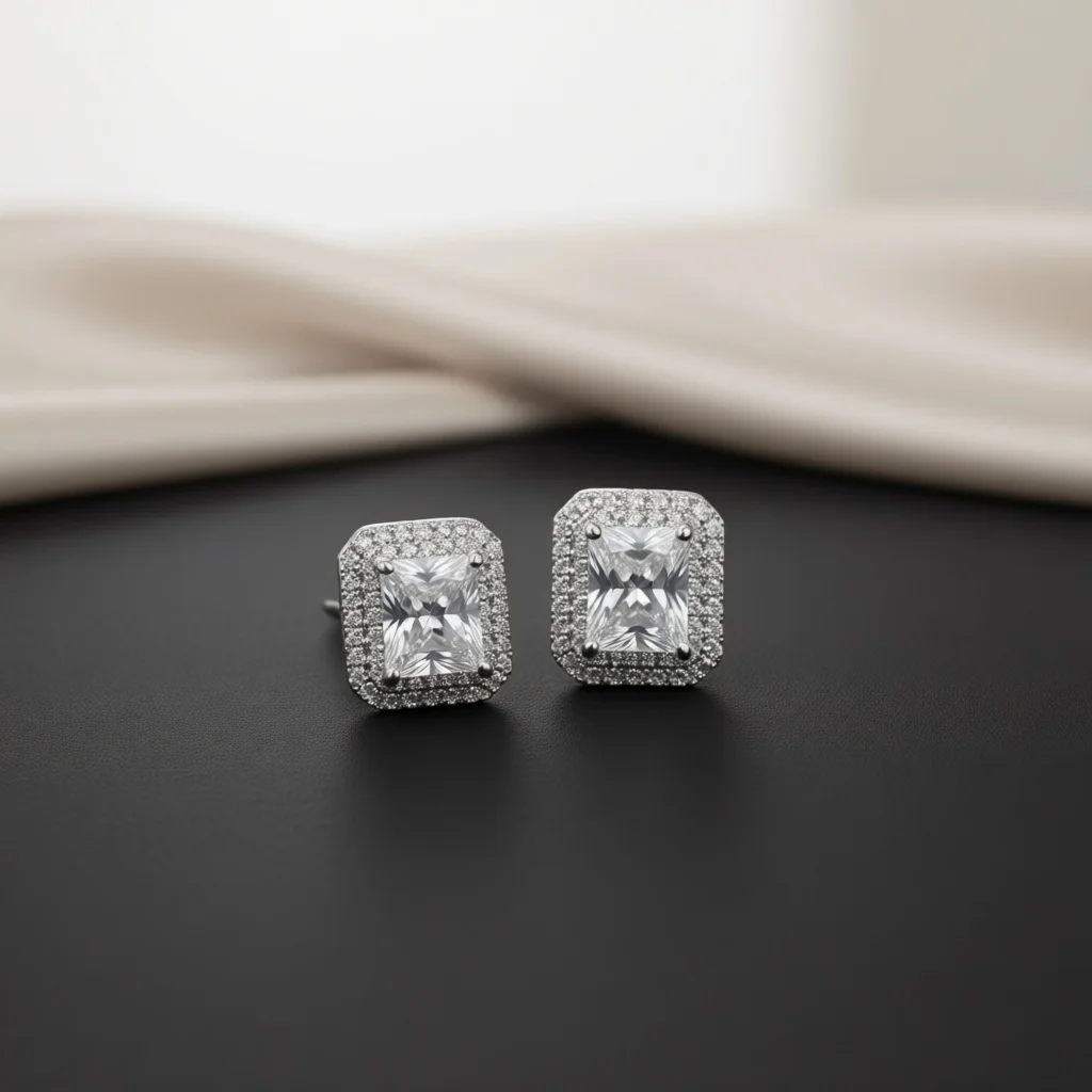 Square Princess‑Cut Zircon Halo Stud Earrings Double Pave Frame Snap‑on Ear Clips Dainty Geometri Fashion Jewelry For Daily Wear