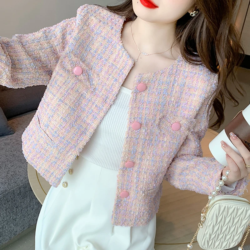 HELIAR Women Elegant Jacket Pink Tweed Buttons Up Cardigan Coat Female Long Sleeve Tassel Office Outerwear Autumn Winter