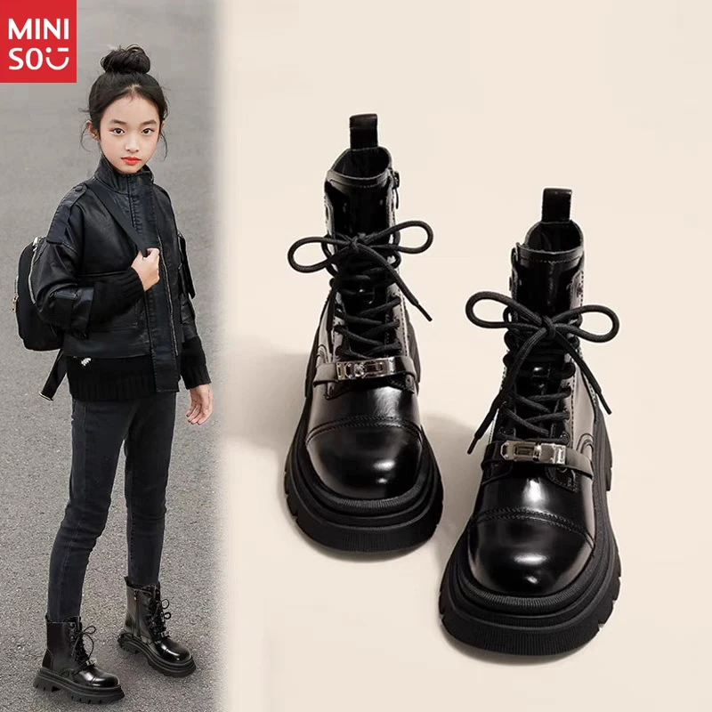 

Miniso 2025 Girls Patent Leather Ankle Boots, Fashion Martin Boots for Big Kids