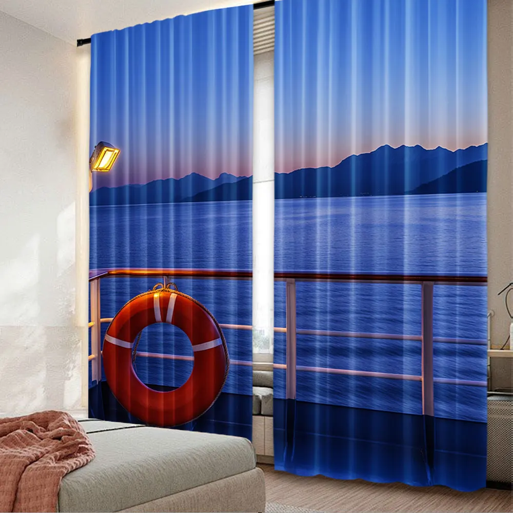 2Pcs Seaside Curtains Sea Walkway Lifebuoy Fence Bueatiful Popular Curtain Suitable For Living Room Bedroom Bar