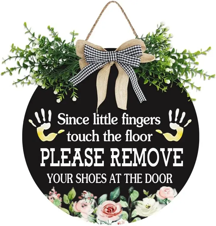 

Leave Your Shoes At The Door Since Little Fingers Touch Our Floor Signs Wooden Sign Buffalo Plaid Bow Shoes Close Sign 12in