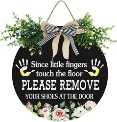 Leave Your Shoes At The Door Since Little Fingers Touch Our Floor Signs Wooden Sign Buffalo Plaid Bow Shoes Close Sign 12in