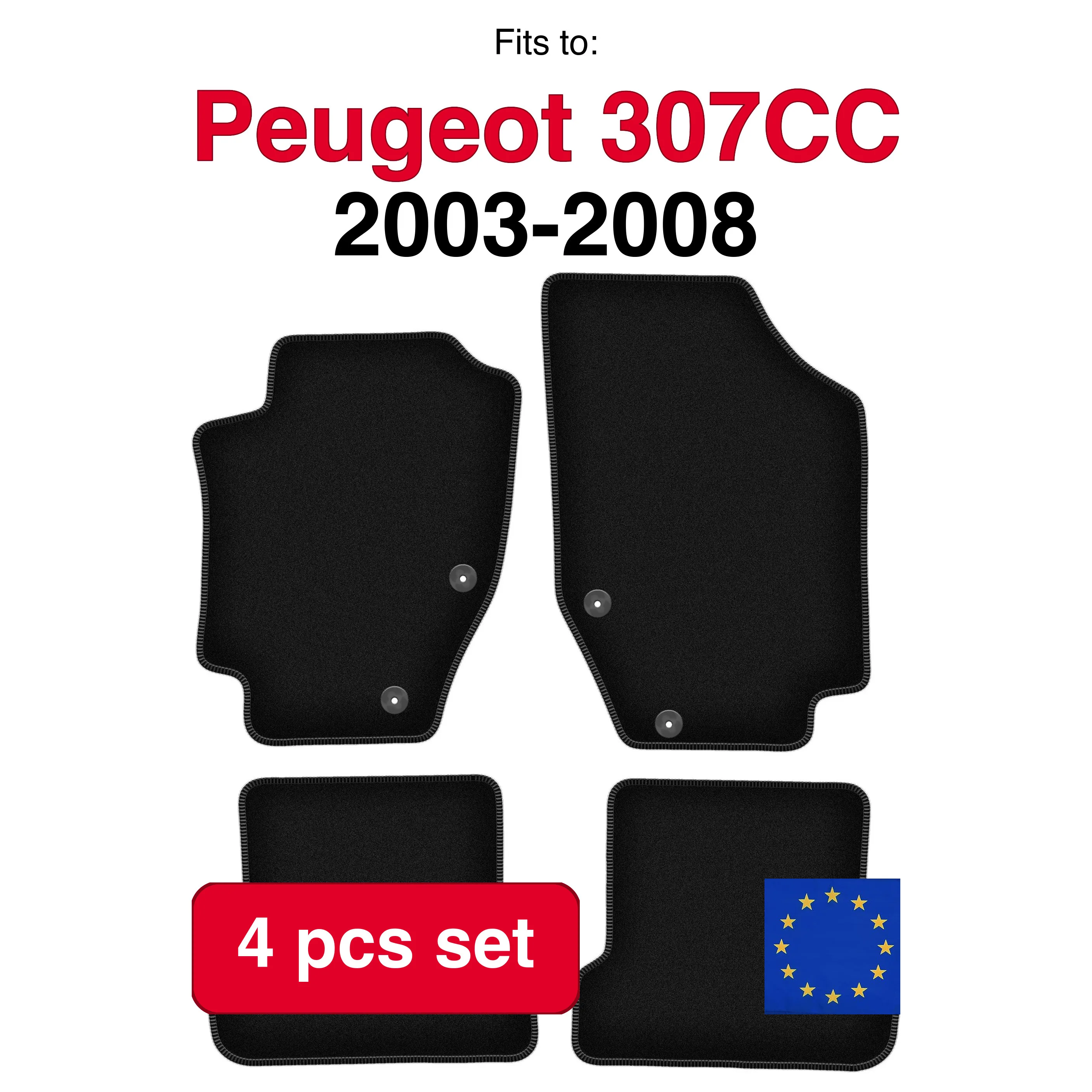 Image of Veloursteppich-Set für Peugeot 307CC Cabrio (2003-2008) - Schwarz (4-teilig) passgenaues Auto-Fußmatten-Set