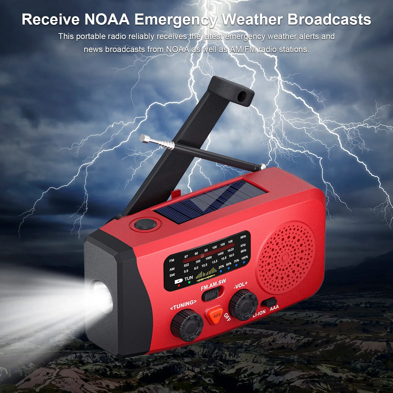 Multifunctional Solar Hand Crank Radio FM AM SW Weather Radio USB Charging Emergency LED Flashlight Power Ban