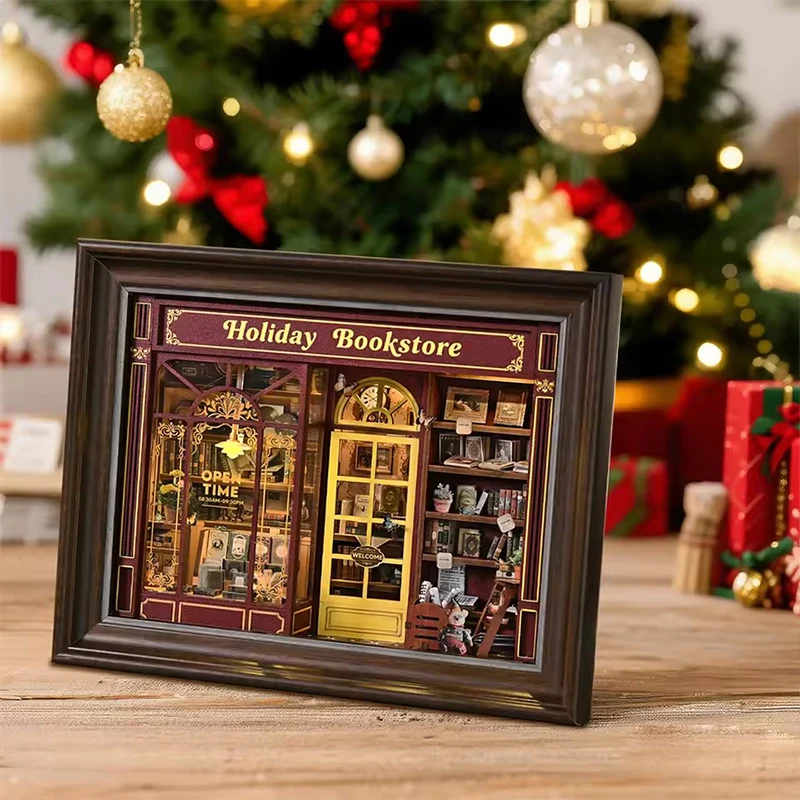 DIY Wooden Book Nook Kit Miniature Doll House Photo Frame Ornament Bookshelf Insert Retro Booknook Decor For Christmas Gifts