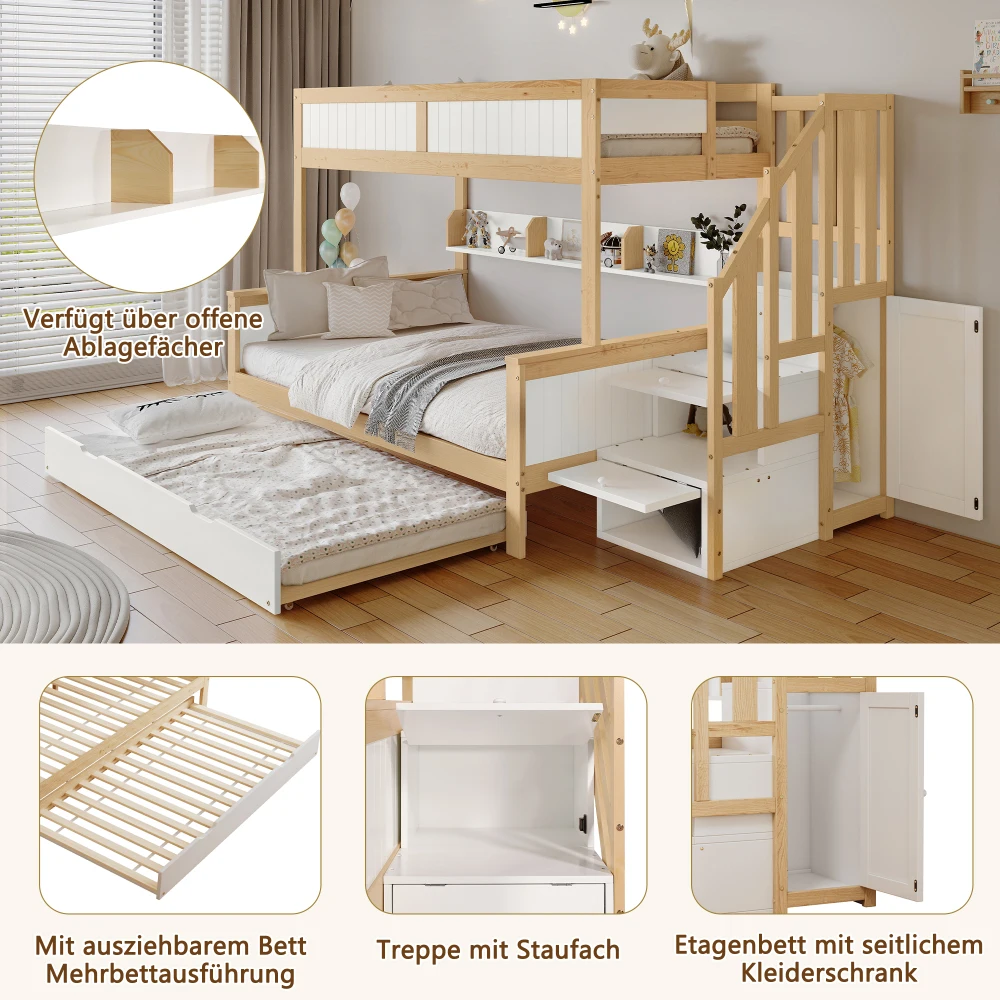 PINGGO Etagenbett 90x200/90x190/120x200cm mit Fallschutzgitter, 3-stöckiges Rollbett mit Kleiderschrank und Eck-Treppe, ohne Matratze – Detail 8