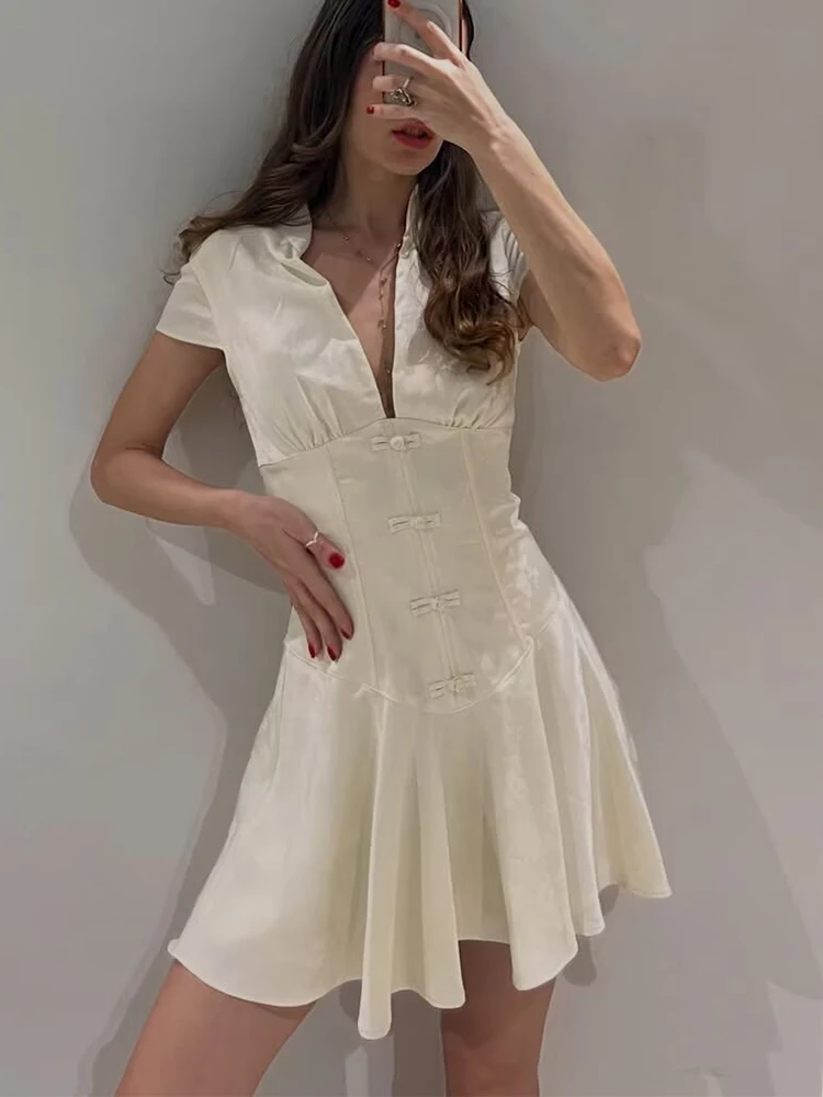 TFMLN Sexy Women V-Neck Short Sleeve Mini Dress Slim High Waist Elegant Vintage Casual Button Decoration Fashion Lady Dress - view 2